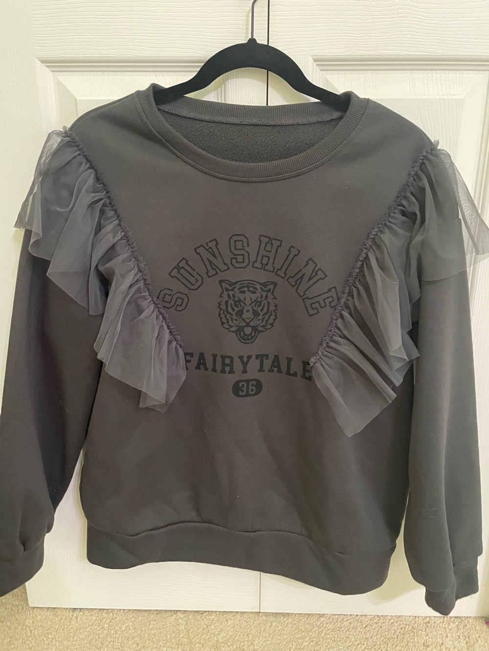 Dark Gray tulle Ruffle Sweatshirt with Graphic